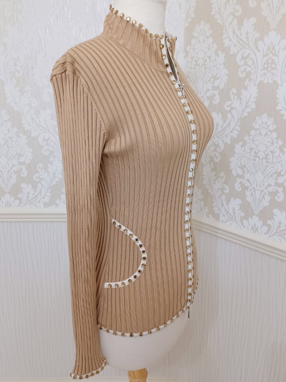 Cache Gold Taupe Long Sleeve Zip Up Jacket Top - Size Small - Silk Spandex - Picture 2 of 4